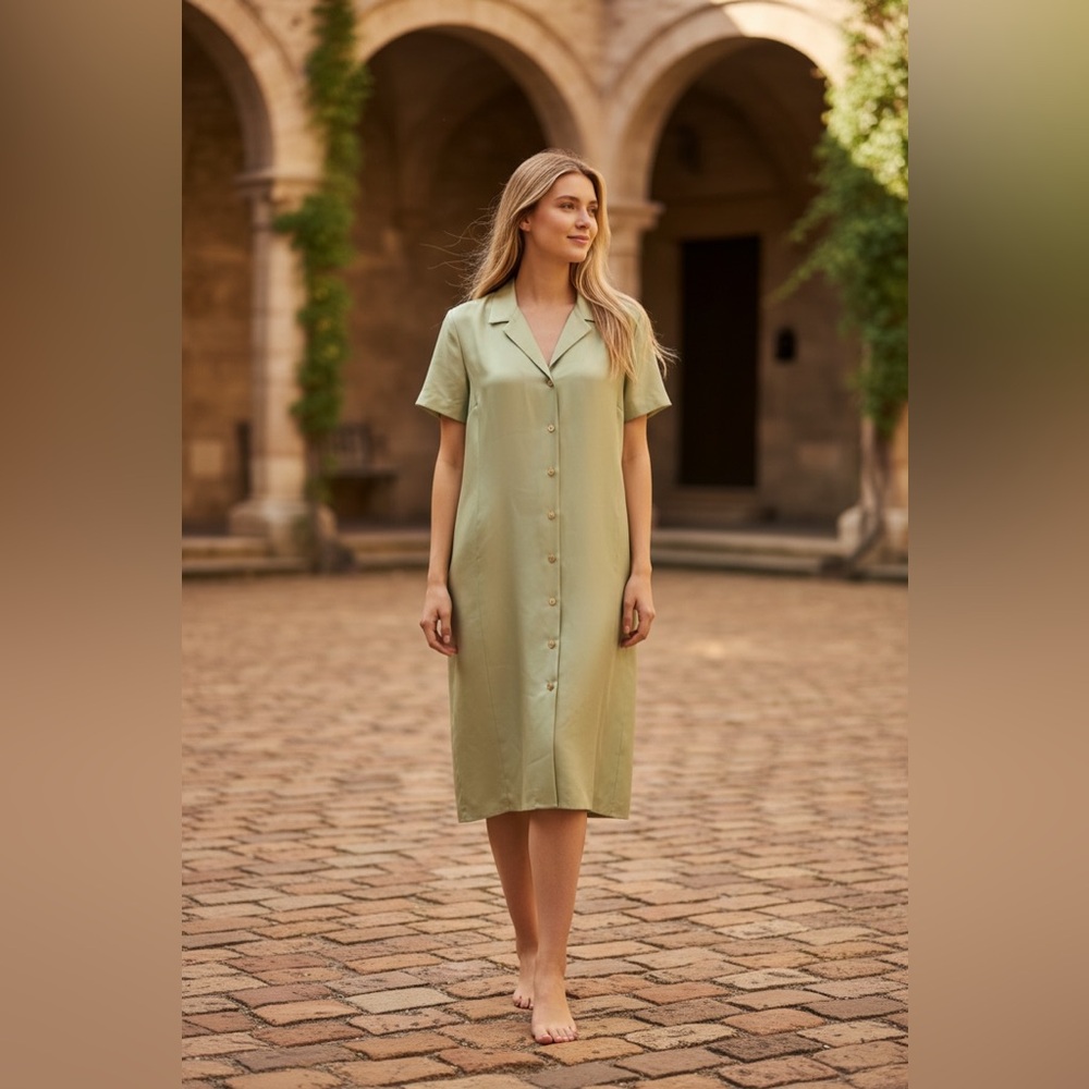 Vintage Liz Claiborne Green Raw Silk Button Front Shirt Dress 16